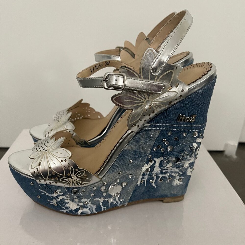 Women's denim platform wedge heel sandals - Made in Italy